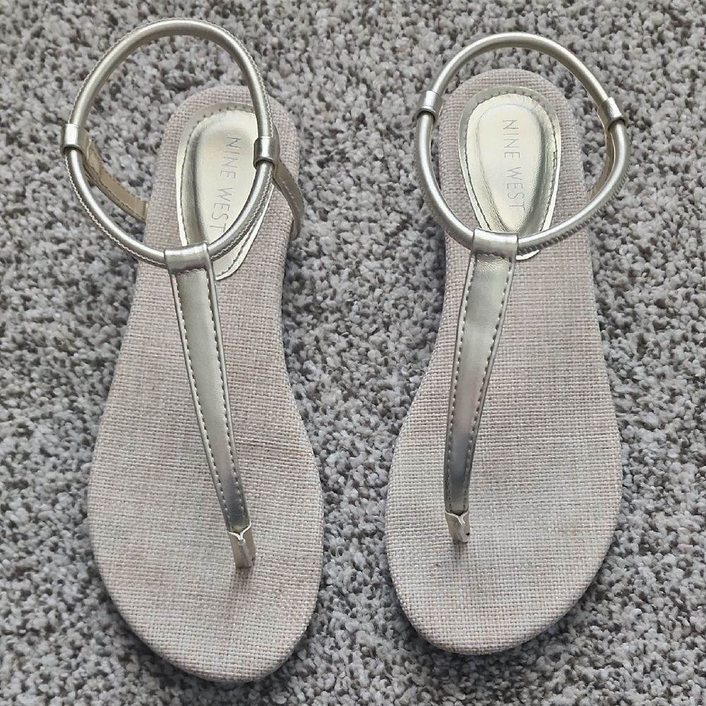 Nine West Silver T-Strap Sandals with Neutral Woven Footbed